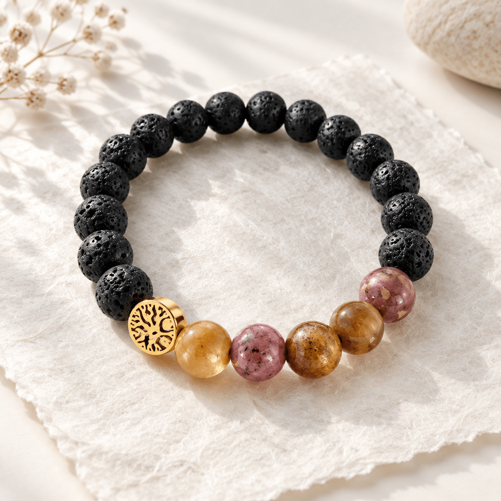 Bracelet Arbre de Vie | Perles de bois et pierres de lave | Espaceur doré - Bijoux LavaLife