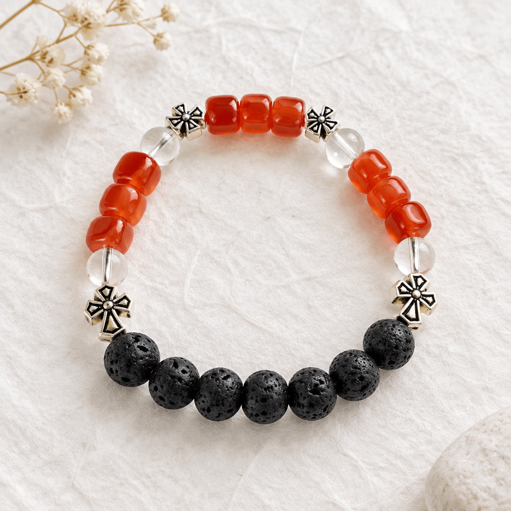 Bracelet Croix Gothique en Pierre de Lave, Citrine et Quartz | Bijoux LavaLife - Bijoux LavaLife