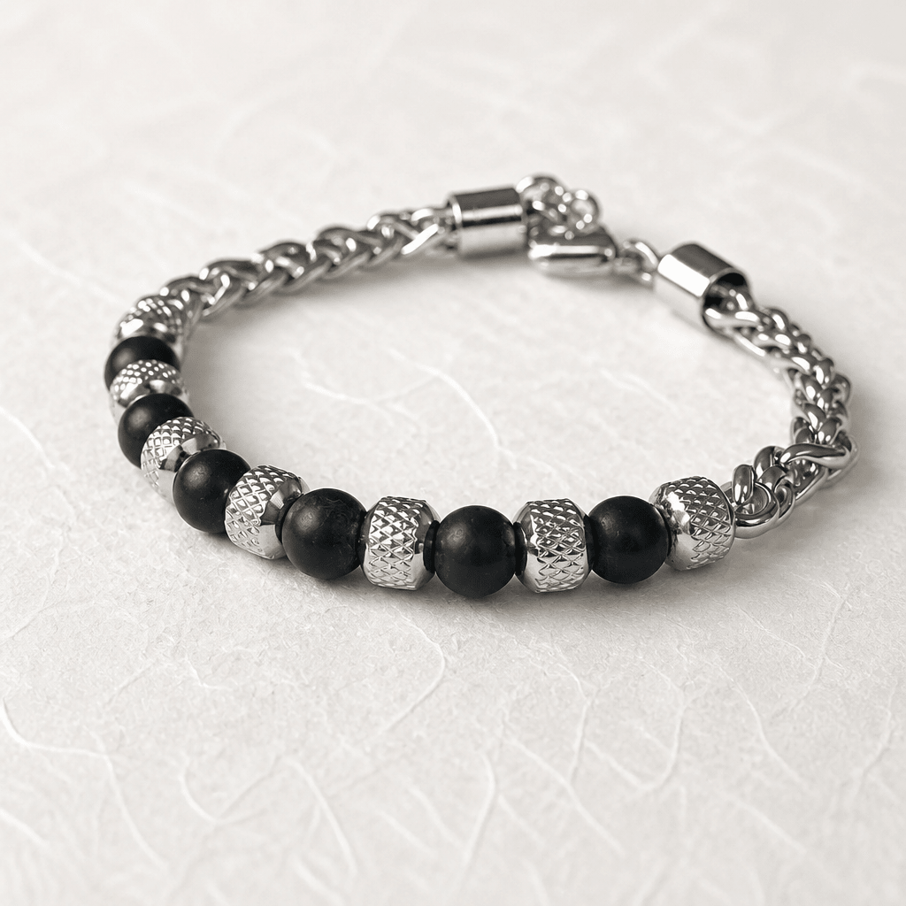 Bracelet en acier inoxydable pour homme: Perles noires mates - Bijoux LavaLife