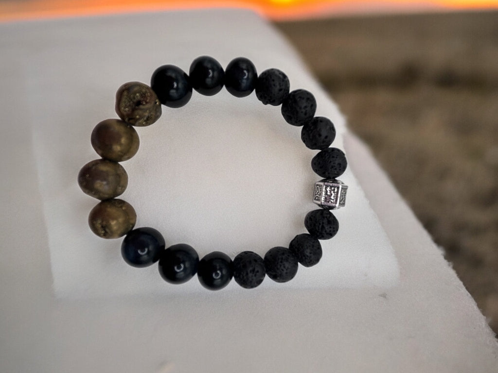 Détermination | Pierre de druzy dorée métallisée | Bracelet diffuseur - Bijoux LavaLife