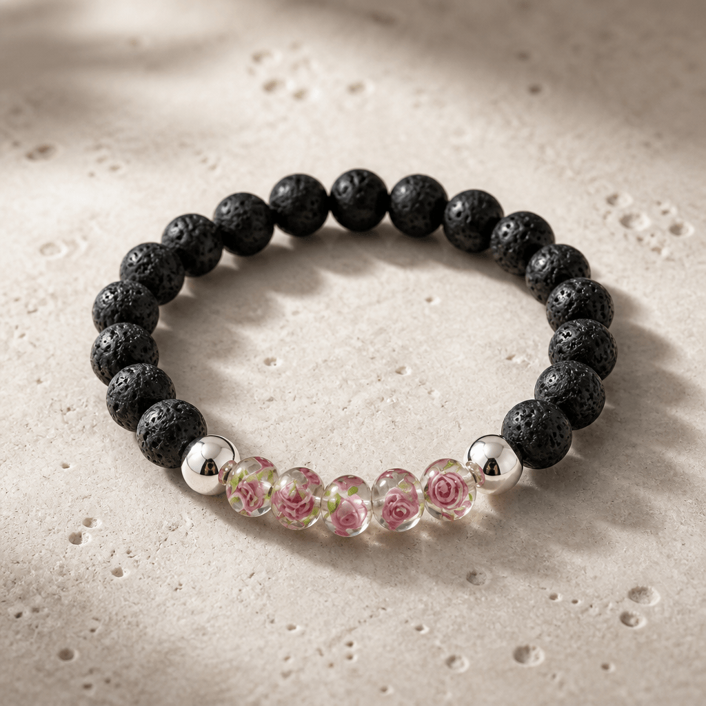 Éclat de rose | Perles de verre avec rose | Bracelet diffuseur - Bijoux LavaLife