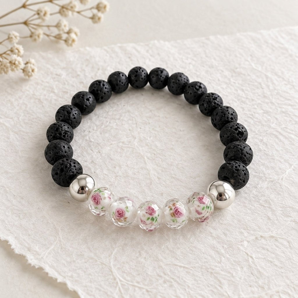 Jardin Éternel | Bracelet Pierre de Lave, Hématite & Perles Florales Diffuseur - Bijoux LavaLife