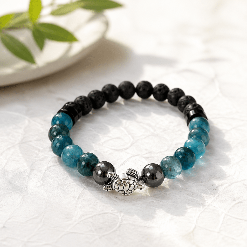 Sagesse Marine | Apatite bleue, hématite & pierre de lave | Bracelet diffuseur - Bijoux LavaLife